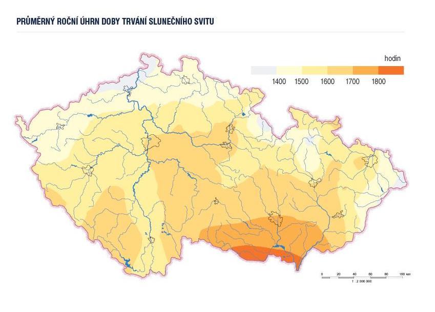 Mapa slunečního osvitu ČR.